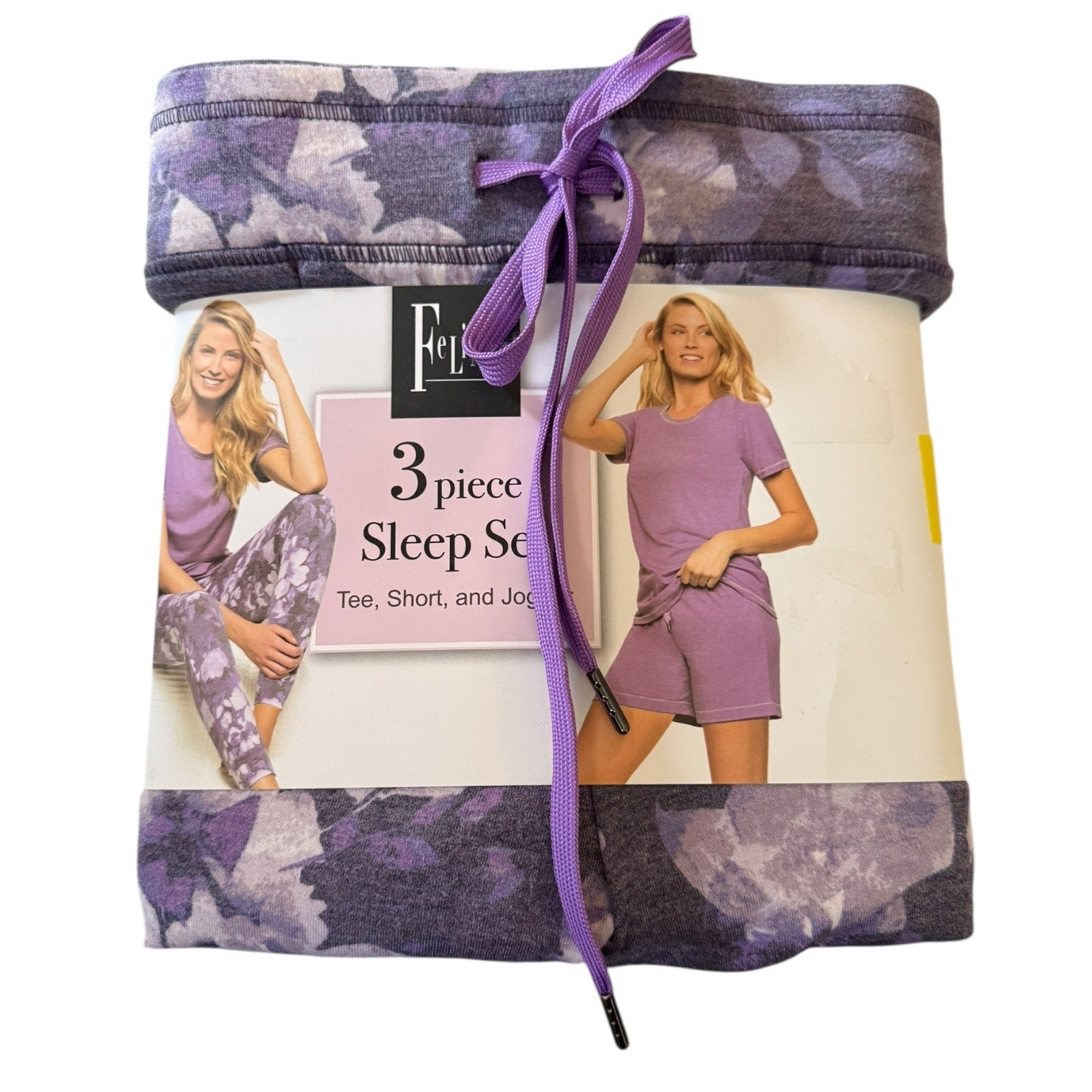Felina purple 3 piece pajama set in packaging on a white background