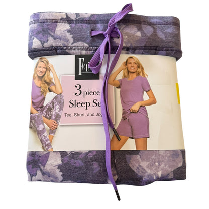Felina purple 3 piece pajama set in packaging on a white background