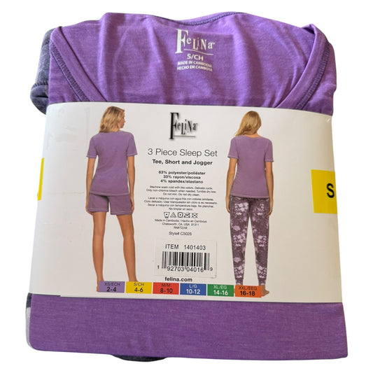 Felina 3-piece sleep set packaging with purple shirt and shorts on a white background