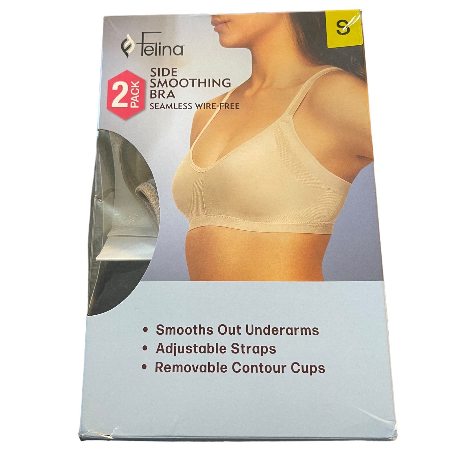 Felina side smoothing bra packaging with a woman wearing a bra on a white background