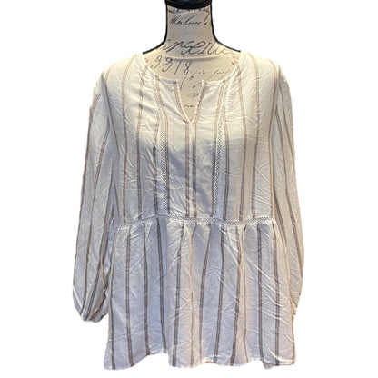 A cream long-sleeve blouse with vertical stripes and decorative lace trim, displayed on a dress form mannequin against a white background.