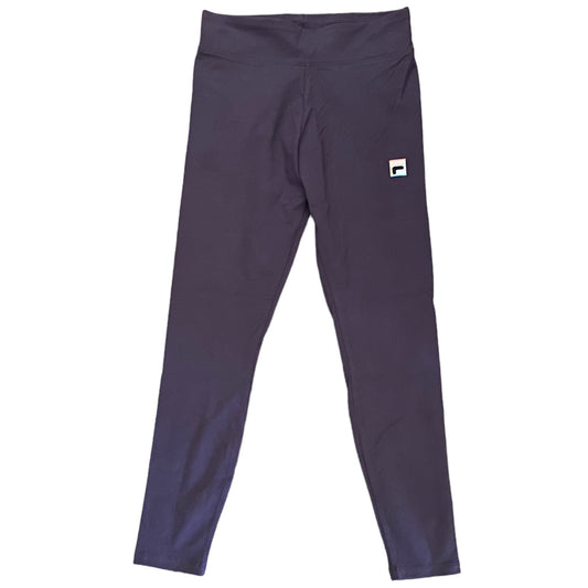 Front of Purple pants with a small logo on a white background