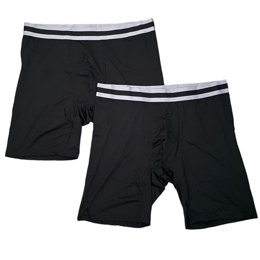 Two black boxer briefs with gray waistbands on a white background