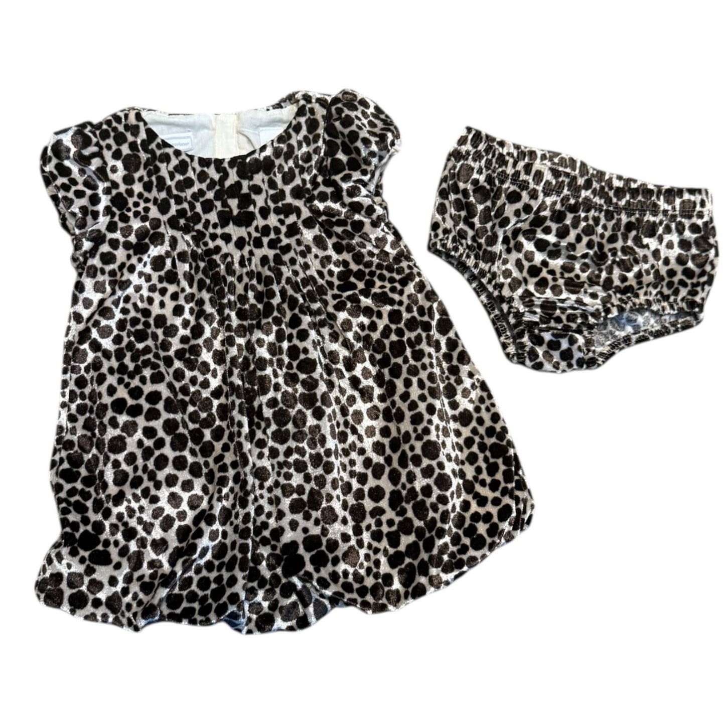 Leopard print baby dress with matching shorts on a white background