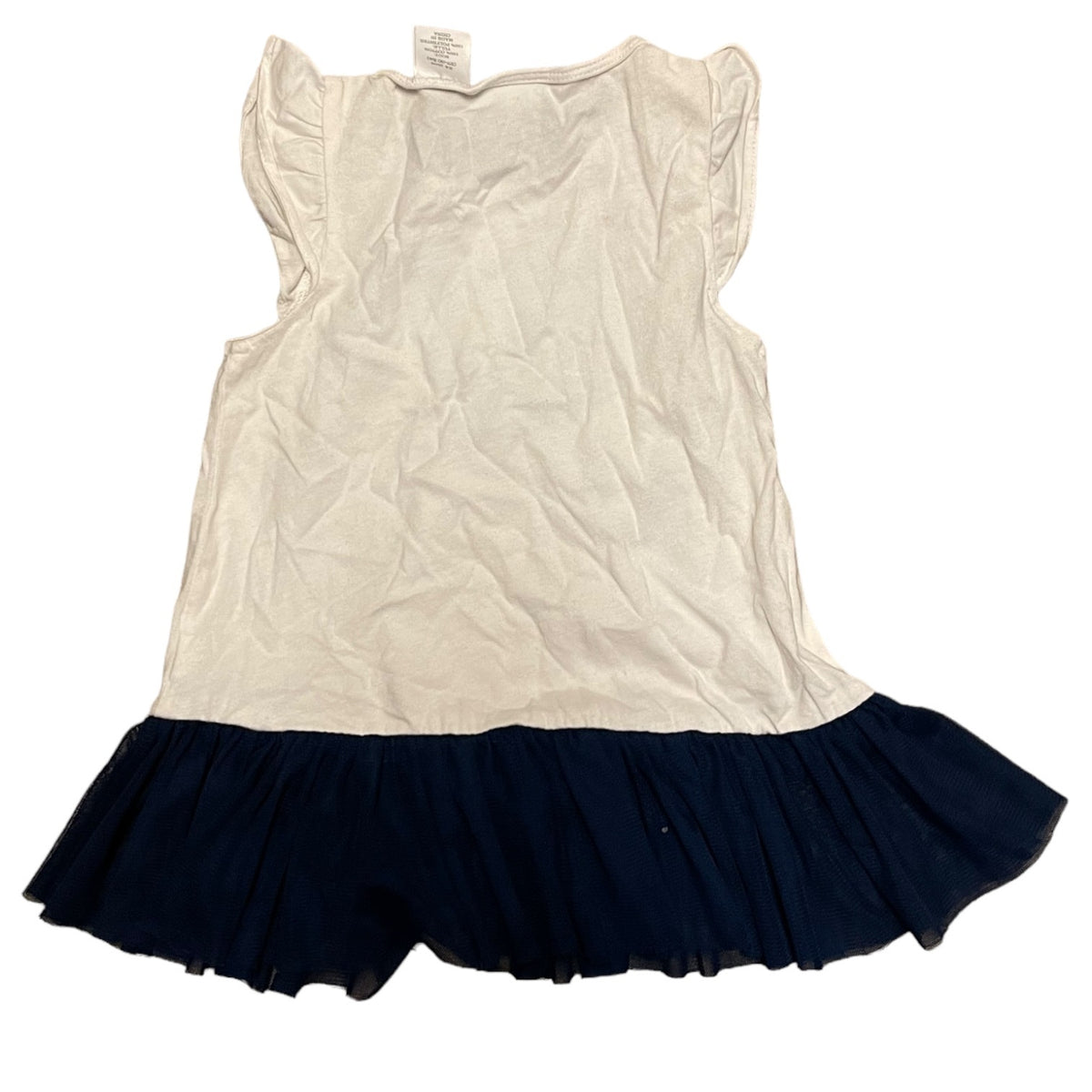 A sleeveless toddler dress featuring a white top and a navy blue ruffled tutu skirt, laid flat against a white background.