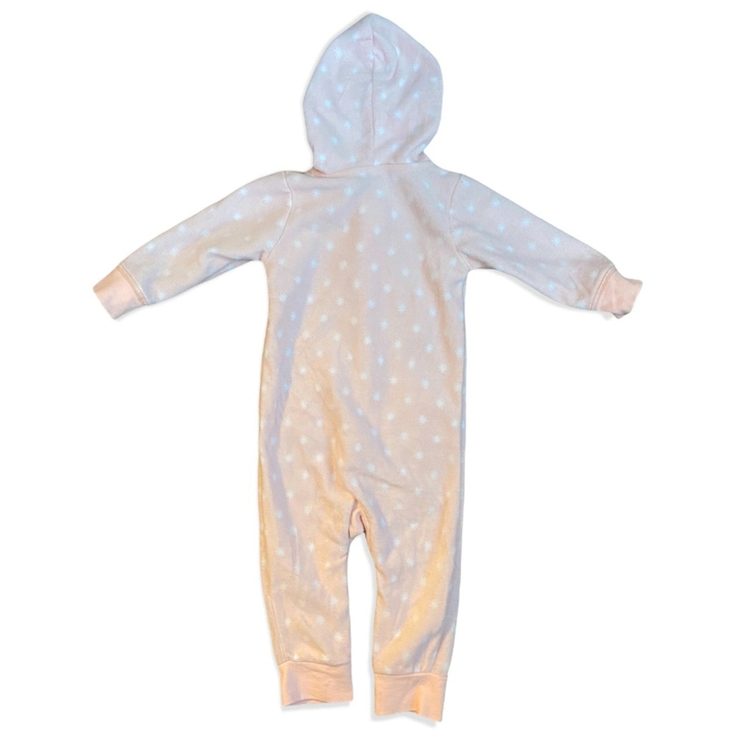 Back of pink Baby onesie with a hood on a white background