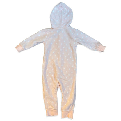 Back of pink Baby onesie with a hood on a white background