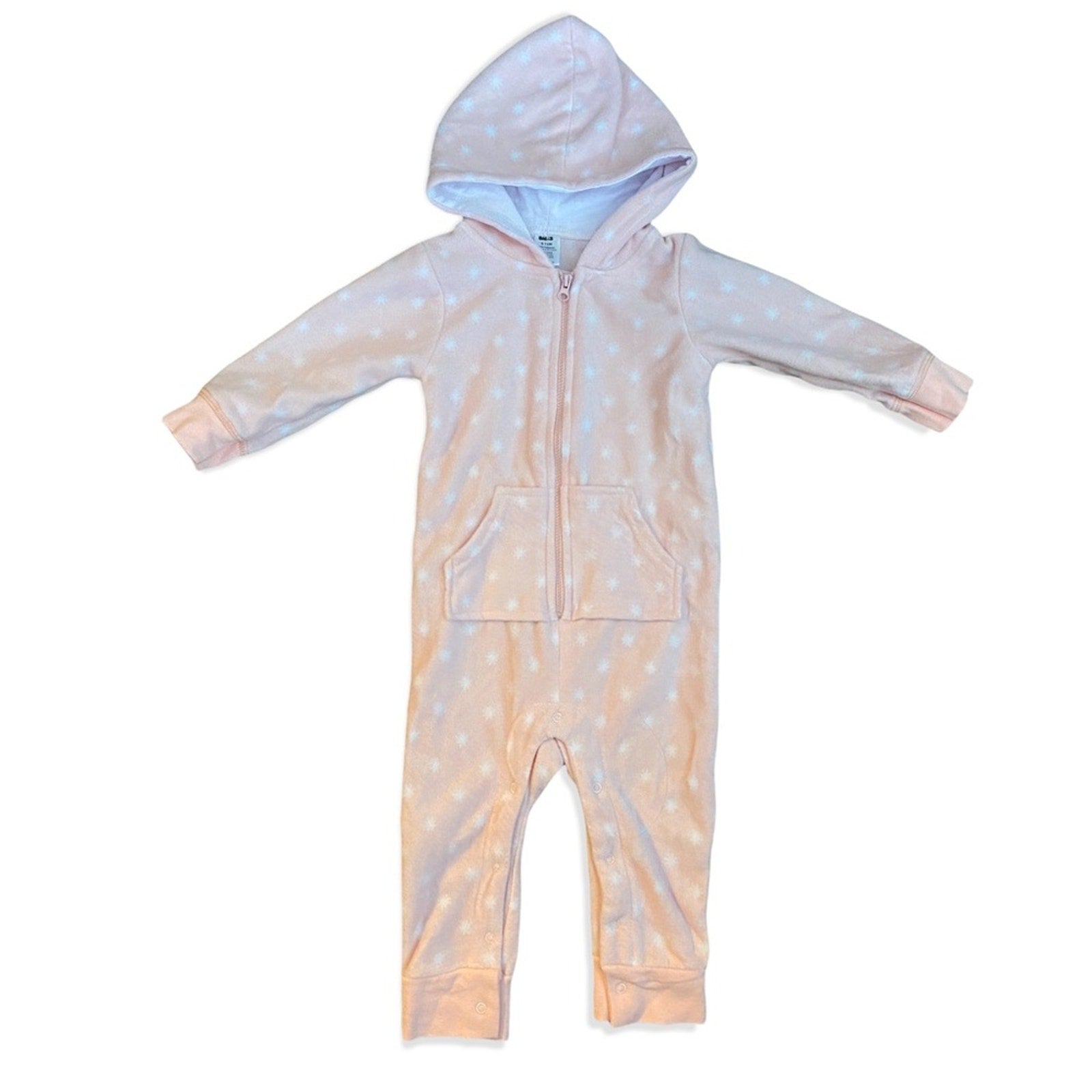 Front of pink Baby onesie with a hood on a white background