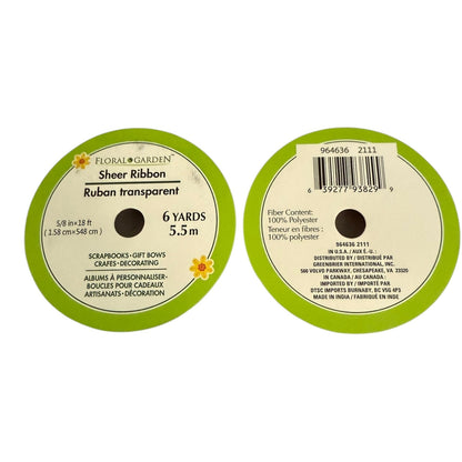 Two circular spools of floral garden sheer ribbon shown side by side on a white background, displaying the front and back labels. The front label is green with white text reading 'Floral Garden Sheer Ribbon Ruban transparent 6 YARDS 5.5M