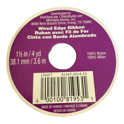 A circular spool of wired edge ribbon, 1 1/2 in / 4 yd (38.1 mm / 3.