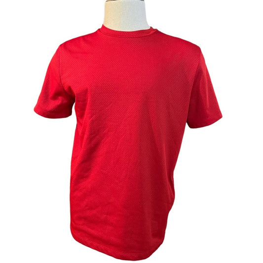 Front of Red t-shirt on a mannequin against a white background