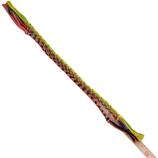 3 multicolor friendship bracelets. A small measuring tape is visible near one end.