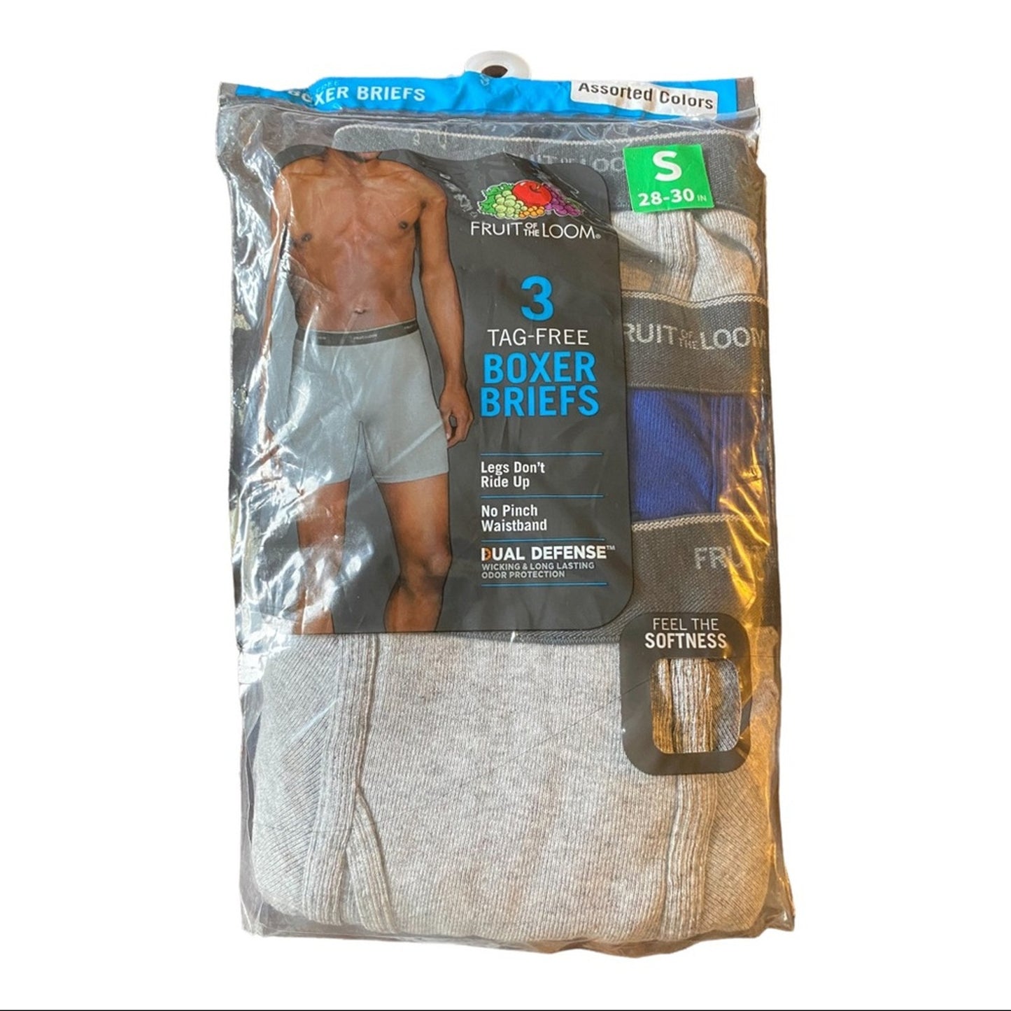 Pack of Fruit of the Loom boxer briefs with a model on a white background