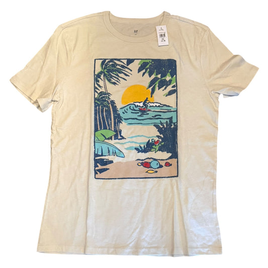 A short-sleeve t-shirt with a vintage-style tropical beach graphic on the front, featuring a yellow sun, palm trees, and a surfer, shown flat against a white background.