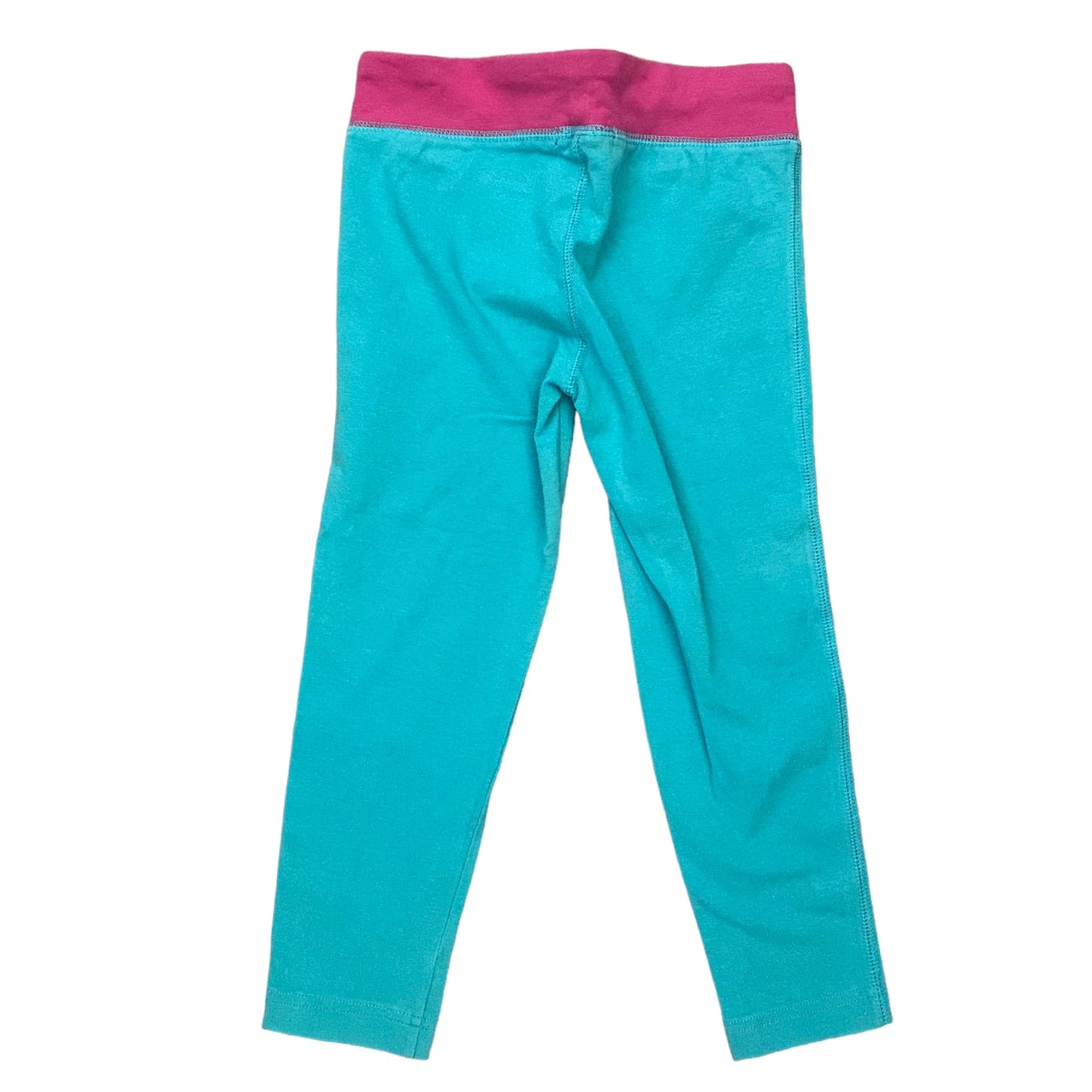 Back of Turquoise leggings with pink waistband on a white background