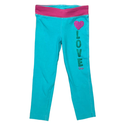 Front of Turquoise leggings with pink waistband and 'LOVE' print on a white background