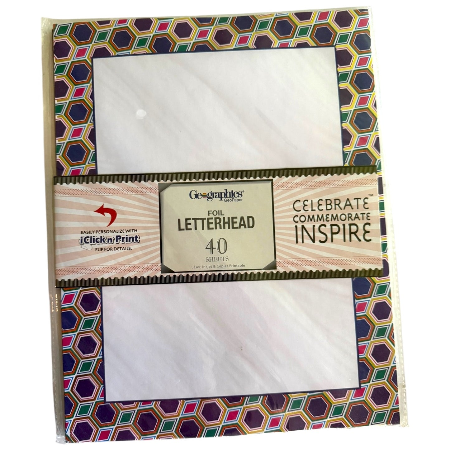Pack of letterhead paper with colorful geometric design on the packaging