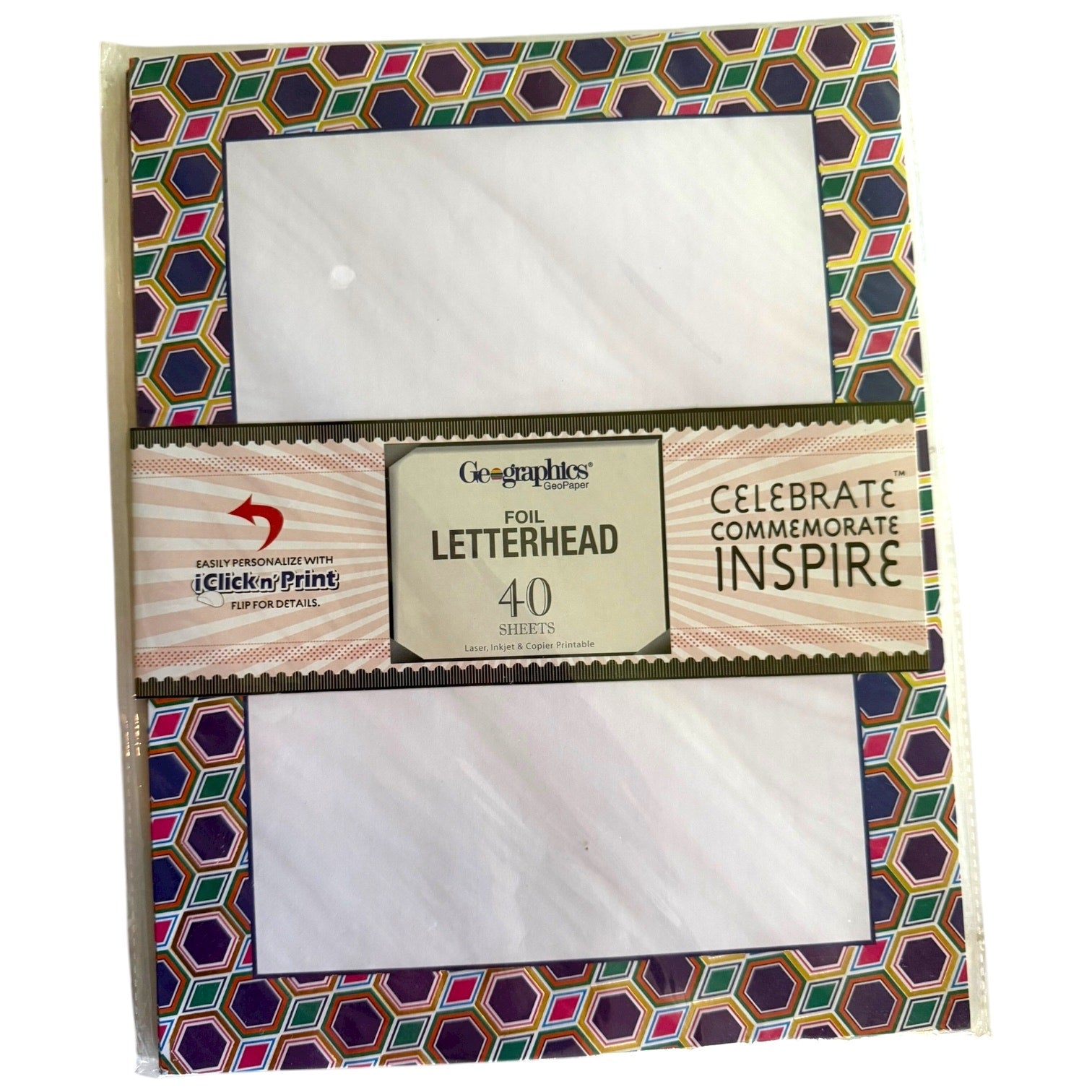Pack of letterhead paper with colorful geometric design on the packaging