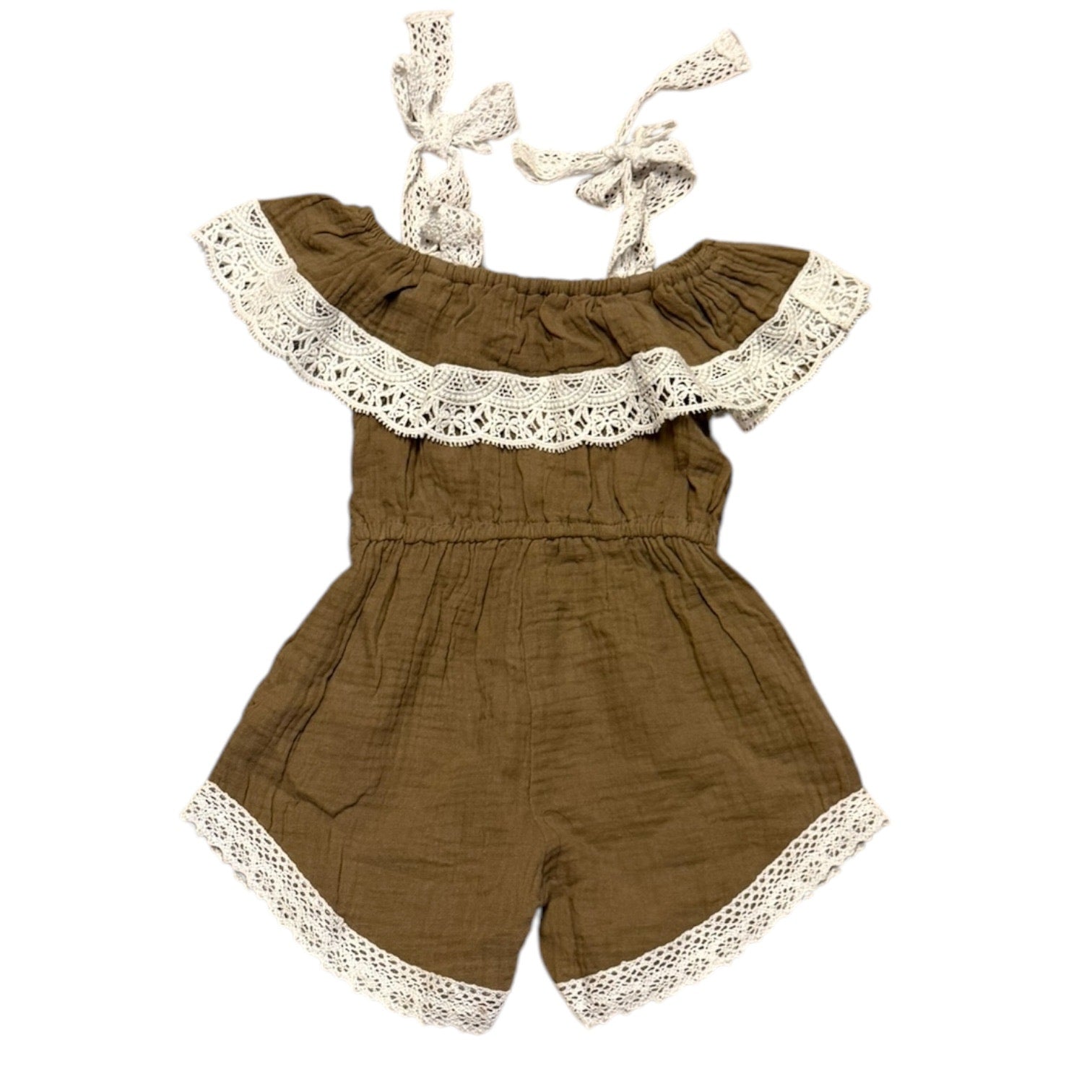 A baby romper in textured brown gauze with off white lace trim and tie-shoulder straps, displayed on a solid white background.
