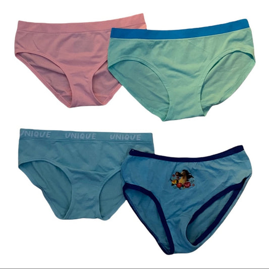 Four pairs of underwear in different colors on a white background