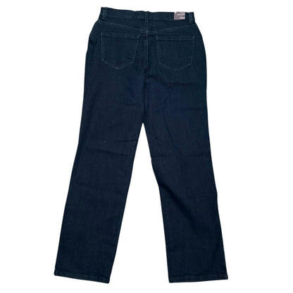 Dark blue denim jeans shown from the back, featuring two back pockets and a waistband, laid flat against a white background.