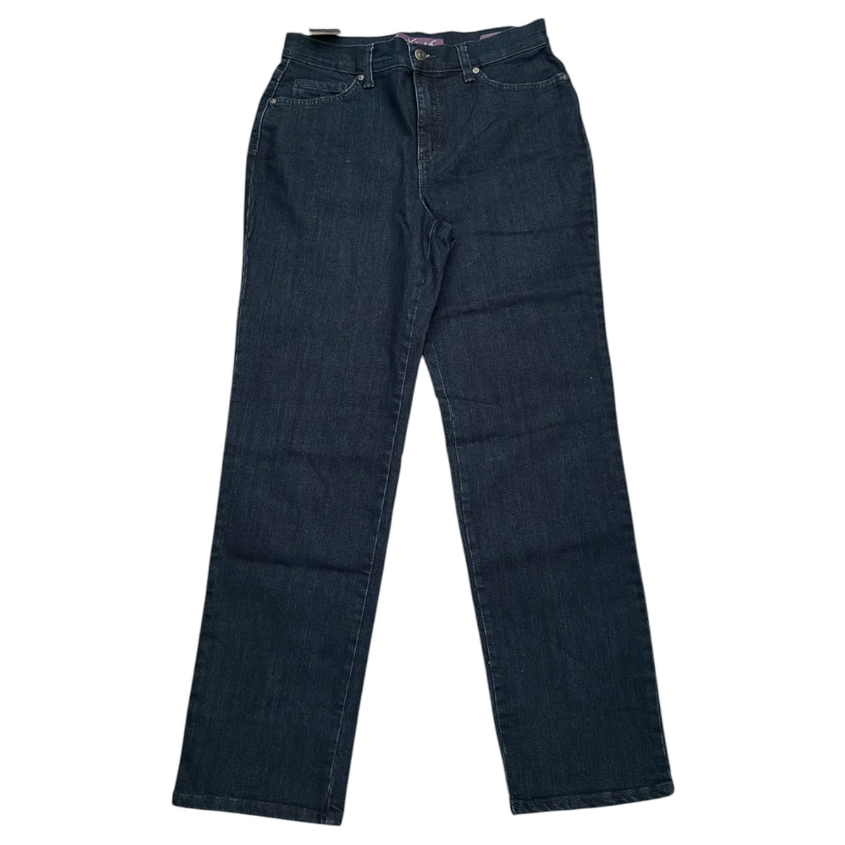 A pair of dark blue denim jeans laid flat against a plain white background.
