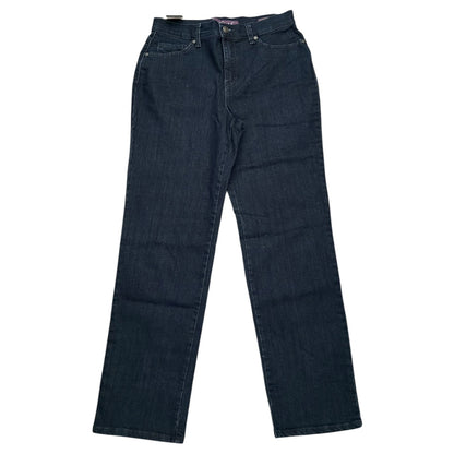 A pair of dark blue denim jeans laid flat against a plain white background.