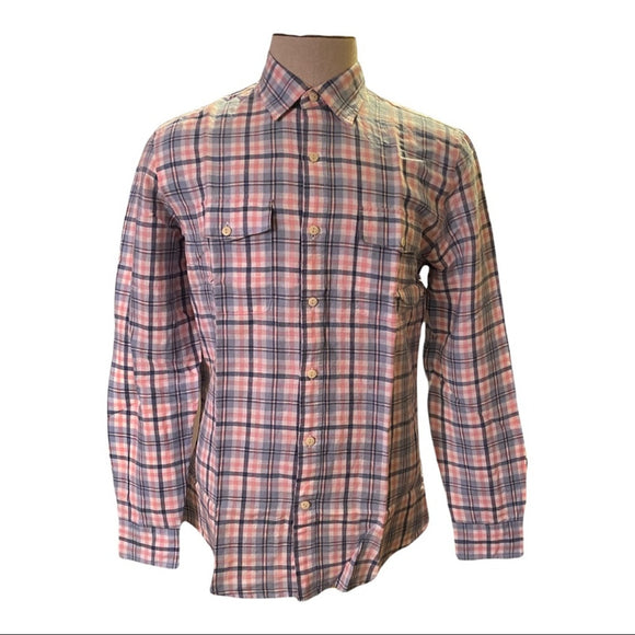goodthreads mens pink blue long sleeve linen cotton shirt size small front of shirt