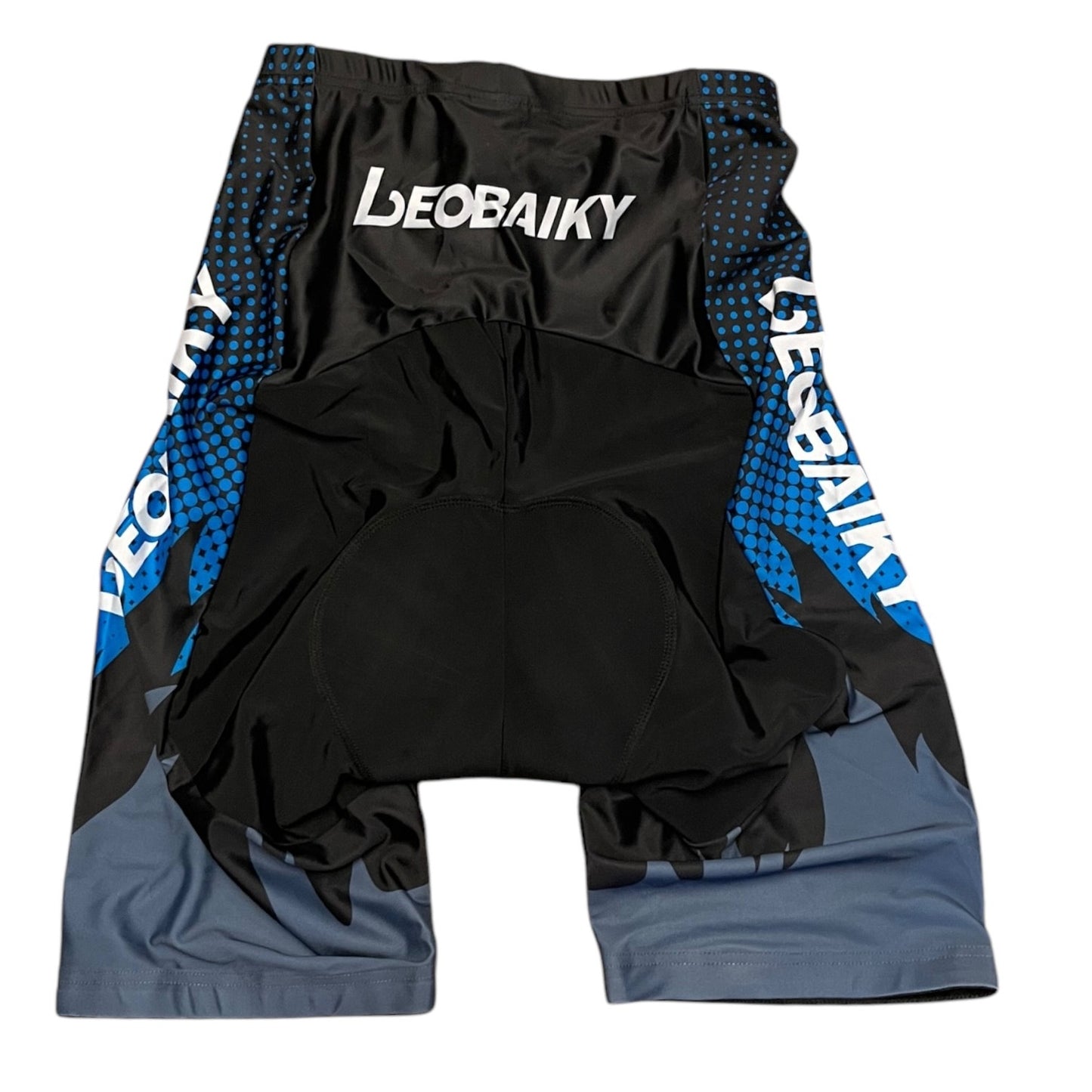 Black and blue athletic shorts with 'LEOBAIKY' branding on a white background