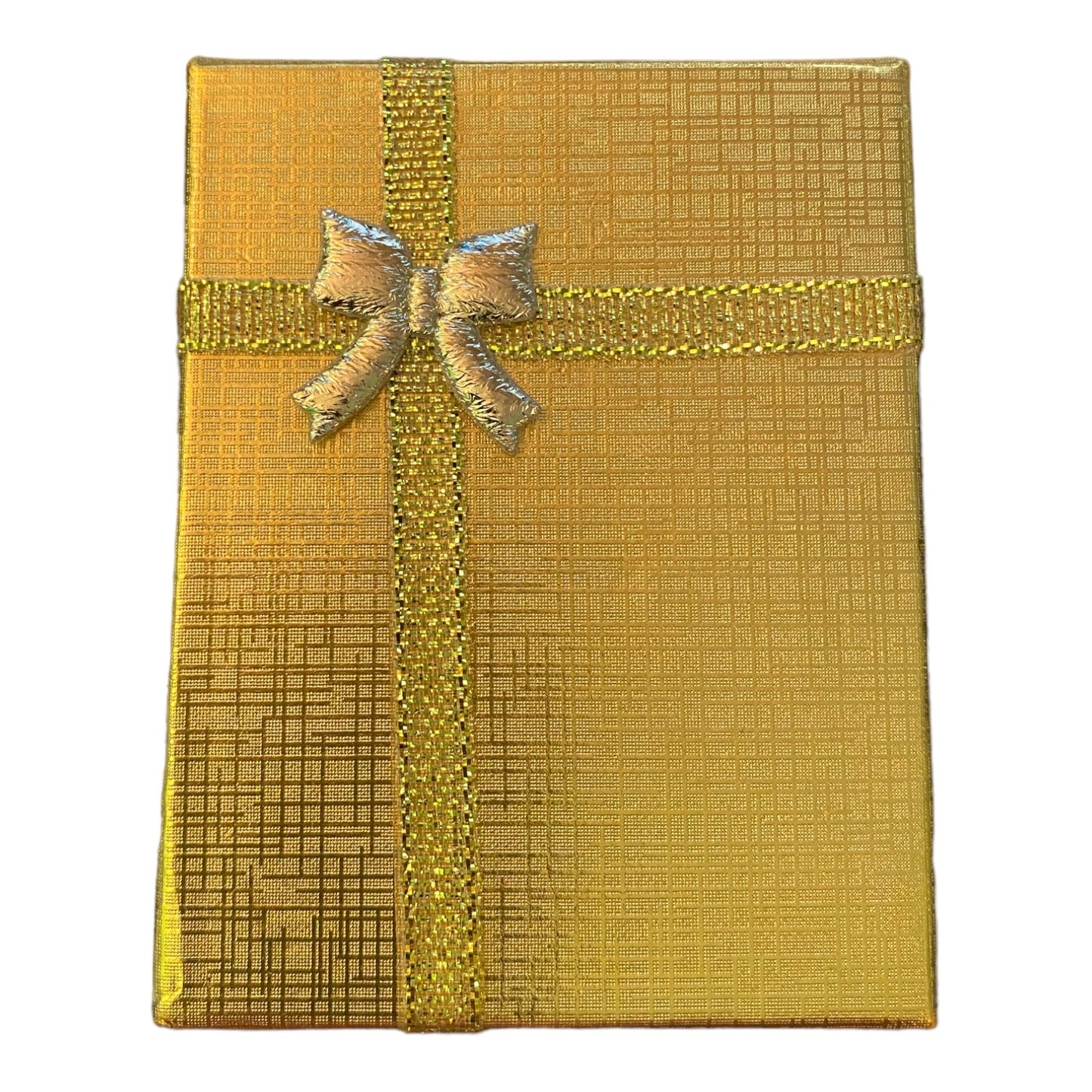 A square gift box wrapped in textured gold paper with a matching gold ribbon and bow on top, isolated on a white background.