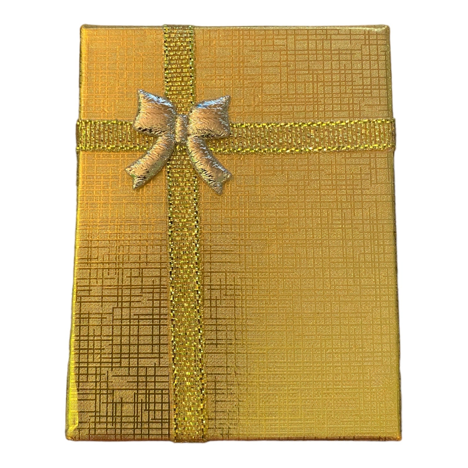 A square gift box wrapped in textured gold paper with a matching gold ribbon and bow on top, isolated on a white background.