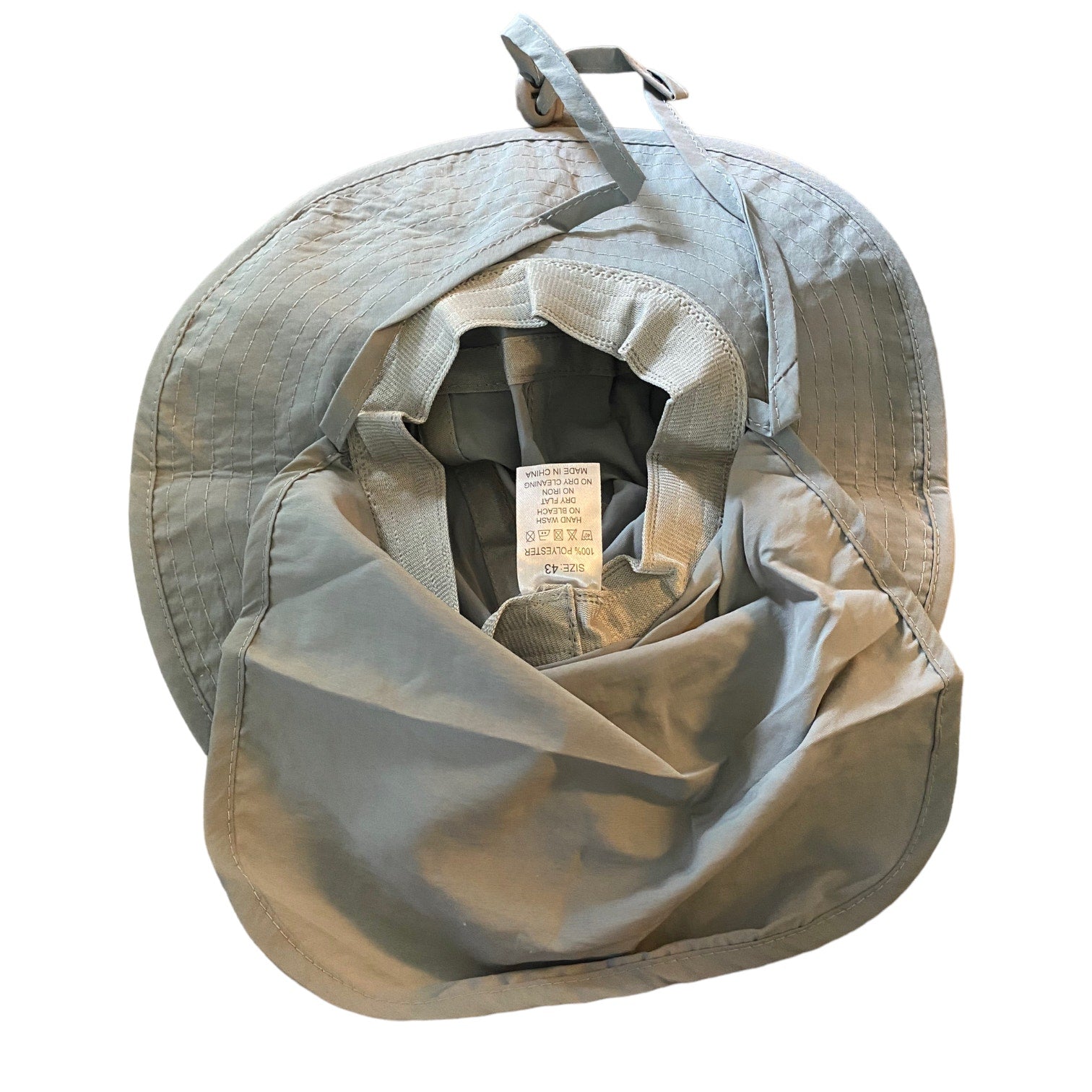 A light gray wide-brimmed sun hat with a matching neck gaiter and strap, shown from the inside with a size tag visible.
