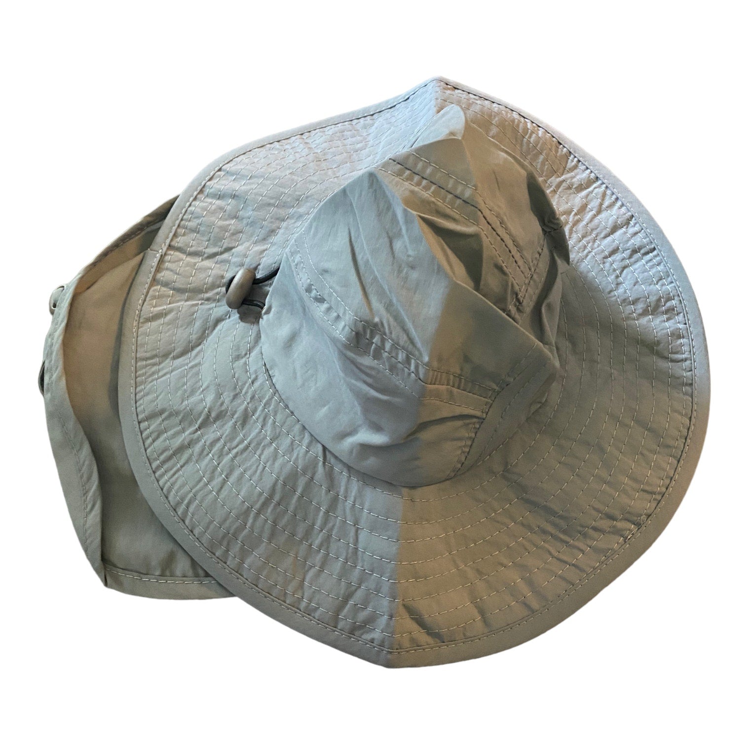 A light gray wide-brim sun hat with a built-in neck flap and chin strap, shown against a plain white background.