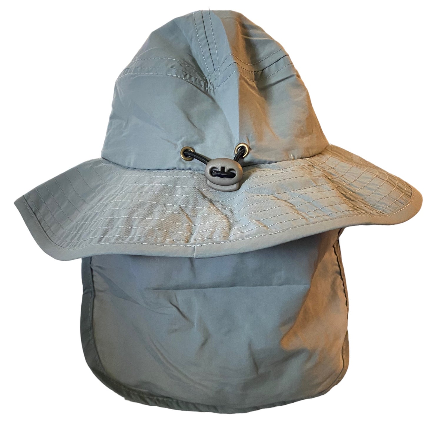 A light gray sun hat with an attached neck flap and drawstring , shown against a plain white background.