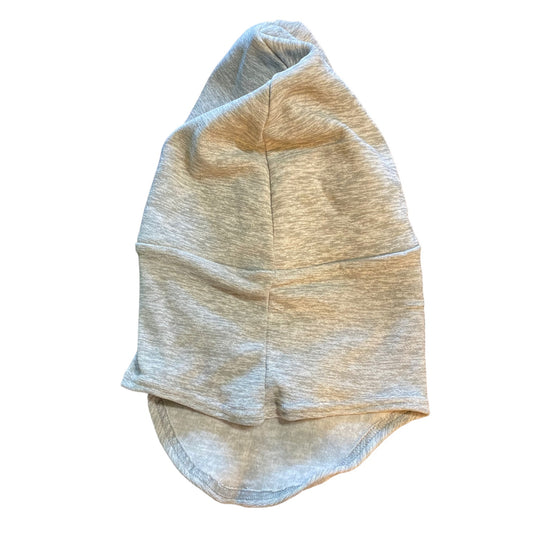 Back of light gray hooded head mask
