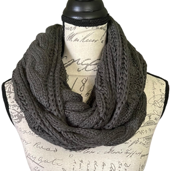 Front of gray scarf wound twice