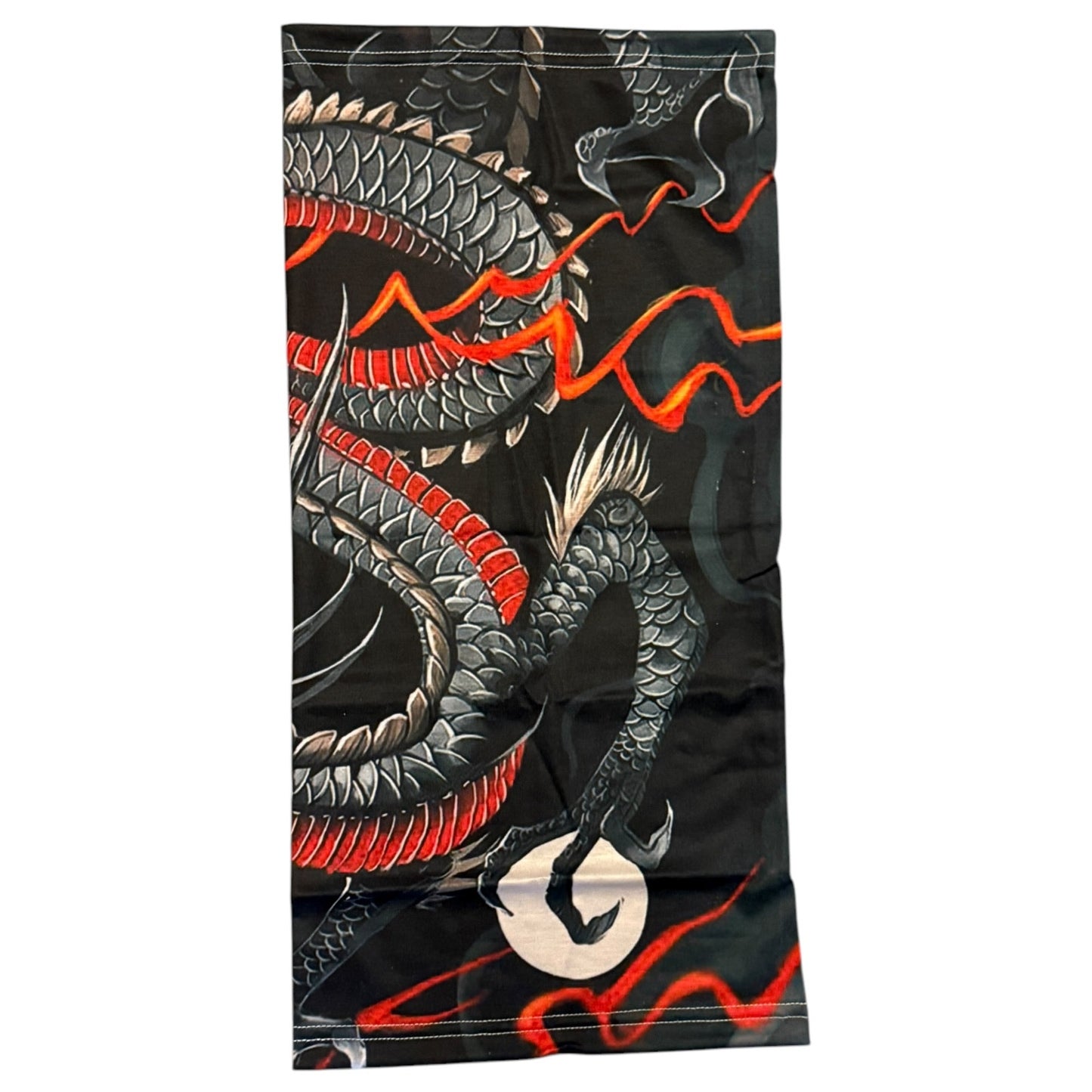 A face mask balaclava featuring a detailed Japanese-style dragon design , displayed flat against a white background.