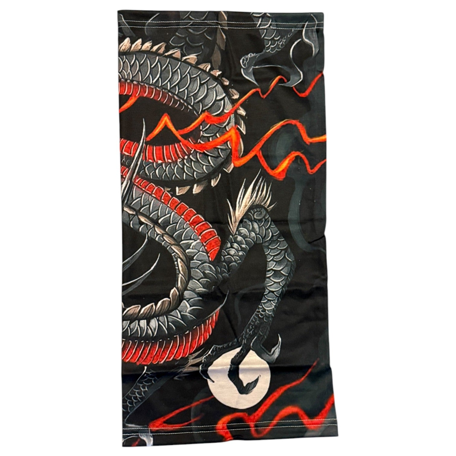 A face mask balaclava featuring a detailed Japanese-style dragon design , displayed flat against a white background.