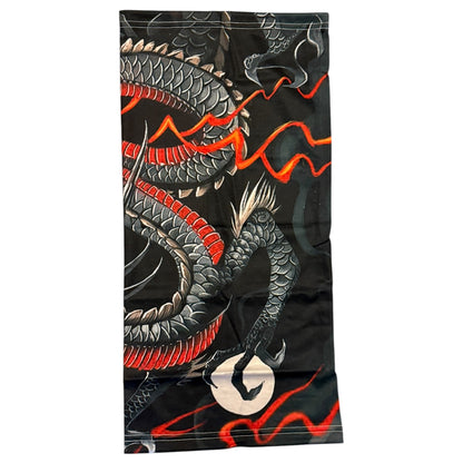 A face mask balaclava featuring a detailed Japanese-style dragon design , displayed flat against a white background.