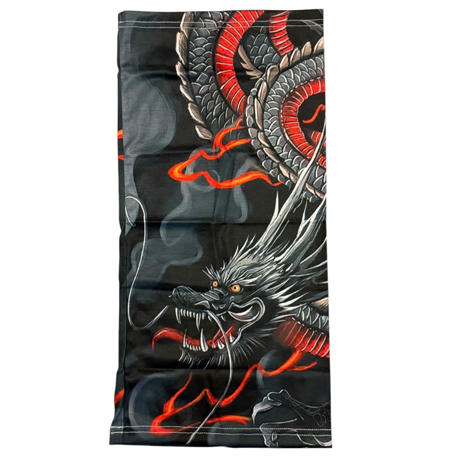 A black neck gaiter featuring a detailed graphic print of a Japanese-style dragon with red and orange accents, shown flat against a white background.