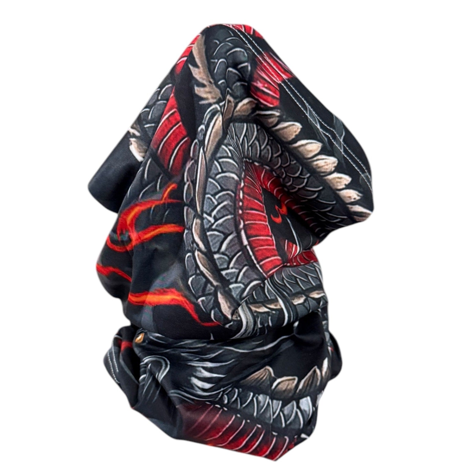 A black neck gaiter or face covering featuring a detailed red and gray dragon tattoo-style print, shown against a plain white background.