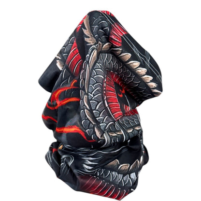 A black neck gaiter or face covering featuring a detailed red and gray dragon tattoo-style print, shown against a plain white background.