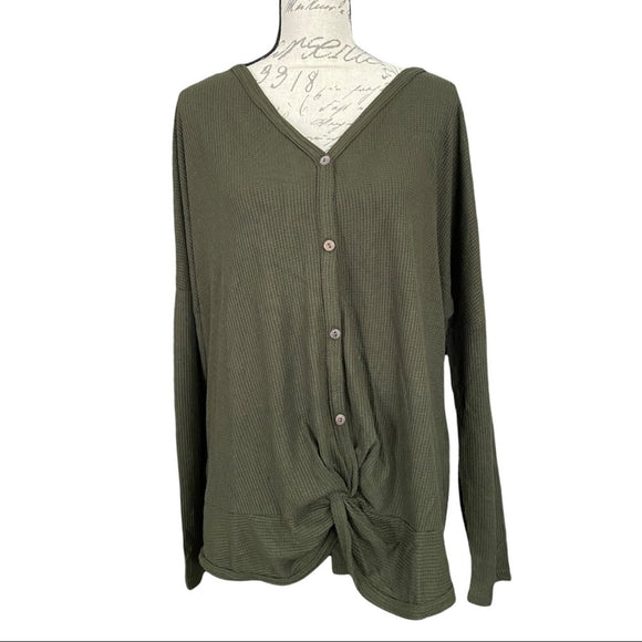 front of waffle knit green long sleeve shirt
