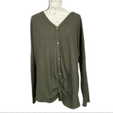 front of waffle knit green long sleeve shirt