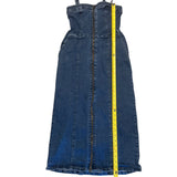 Blue denim dress with a yellow measuring tape on a white background