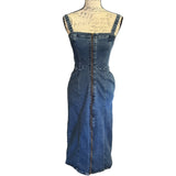 Front of Blue denim dress on a mannequin with a white background