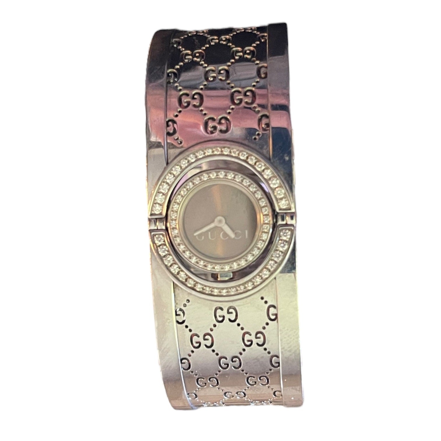 Wristwatch with Gucci logo and design on a white background