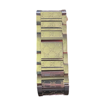 Silver watch band with Gucci logo on a white background