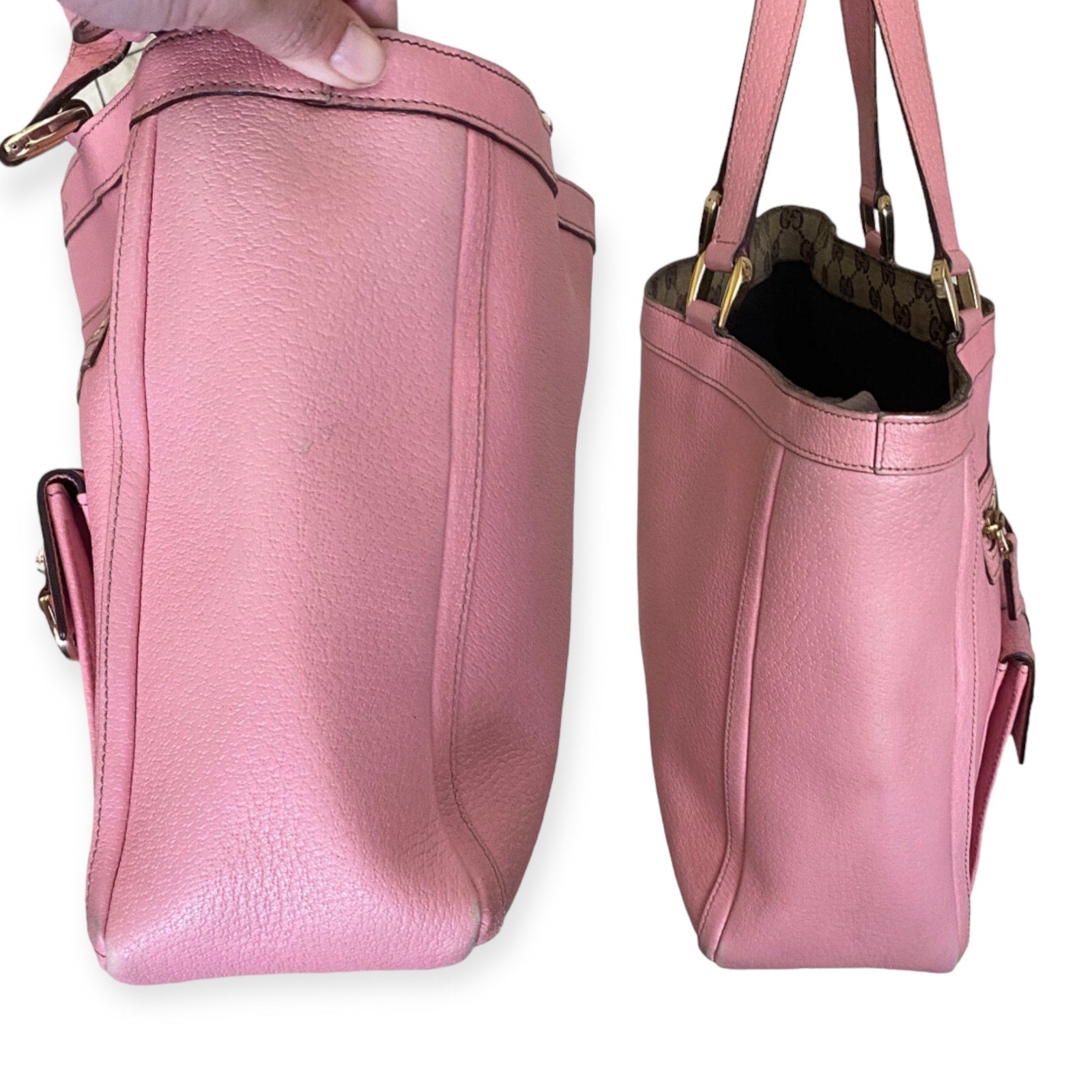 Pink handbag shown from different angles on a white background