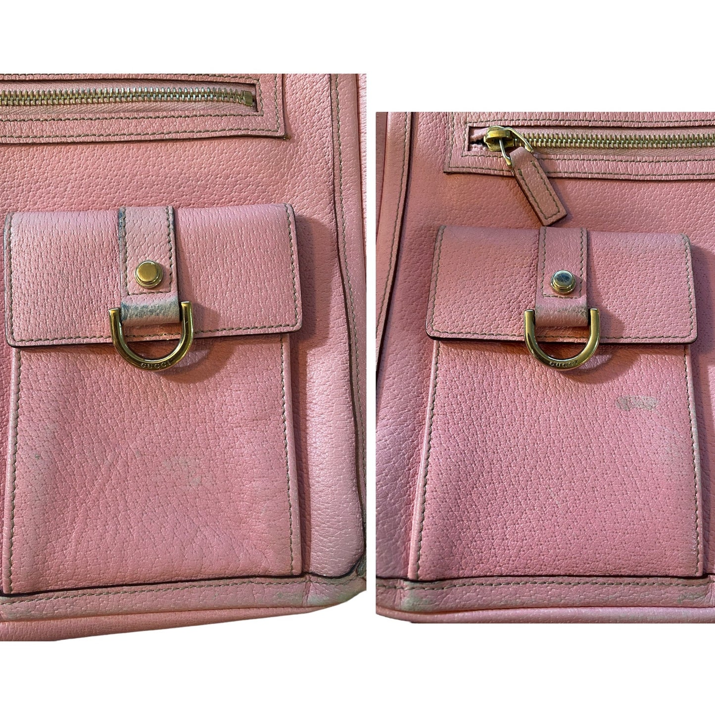 Pink leather bag pockets with gold buckle on a white background
